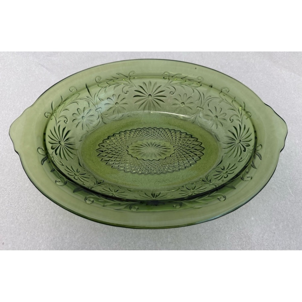 Vintage Indiana Glass Daisy Avocado Green Oval Vegetable Serving Bowl 10”